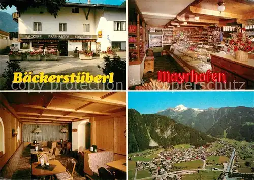 AK / Ansichtskarte Mayrhofen_Zillertal Baeckerei Eberharter Baeckerstueberl Verkaufsraum Gaststube Fliegeraufnahme Mayrhofen_Zillertal