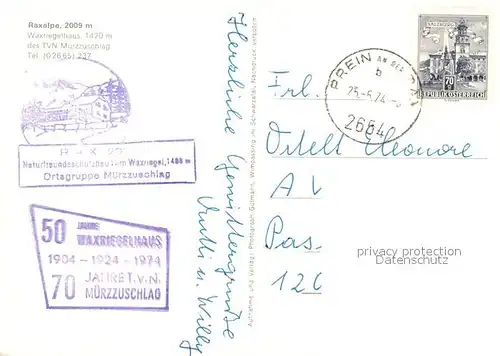 AK / Ansichtskarte Raxalpe Waxriegelhaus Raxalpe