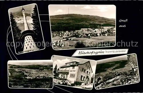 AK / Ansichtskarte Bischofsgruen Panorama Fernsehturm Ochsenkopf Pension Hoyer Baude Bischofsgruen