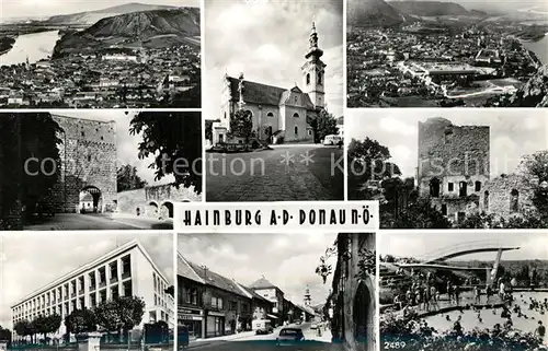 AK / Ansichtskarte Hainburg_Donau Panorama Stadttor Kirche Burgruine Freibad Strassenmotiv Gebaeude Hainburg Donau