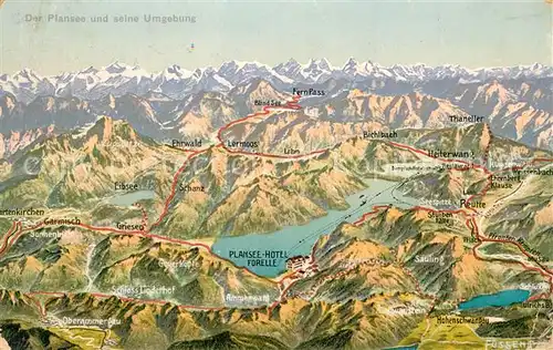 AK / Ansichtskarte Plansee Hotel Forelle Plansee Eibsee und Umgebung Alpenpanorama aus der Vogelperspektive Plansee