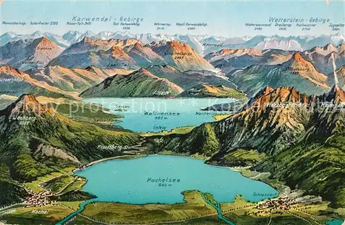 AK / Ansichtskarte Kochel_See Kochelsee Walchensee Alpenpanorama aus der Vogelperspektive Kochel_See