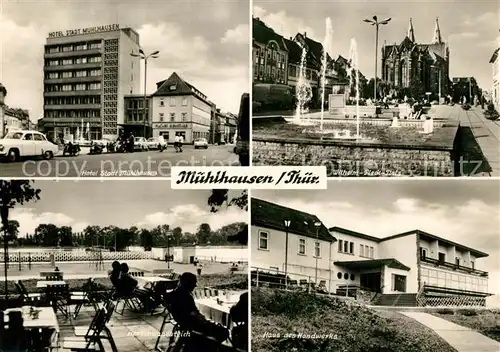AK / Ansichtskarte Muehlhausen_Thueringen Hotel Stadt Muehlhausen Wilhelm Pieck Platz Restaurant Terrasse am Schwanenteich Haus des Handwerks Muehlhausen Thueringen