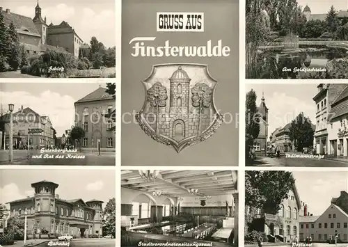 AK / Ansichtskarte Finsterwalde Schloss Gutenberghaus Rat des Kreises Bahnhof Sitzungssaal Goldfischteich Thaelmannstrasse Postamt Wappen Finsterwalde