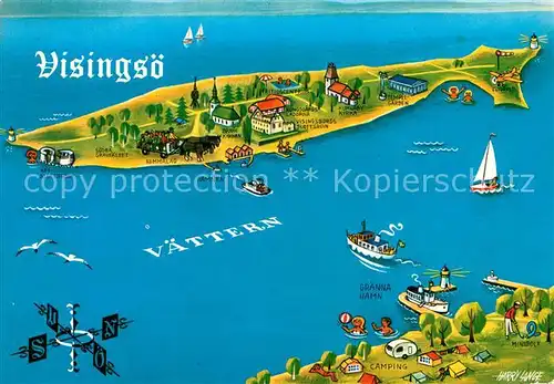 AK / Ansichtskarte Visingsoe Landkarte Insel aus der Vogelperspektive Visingsoe