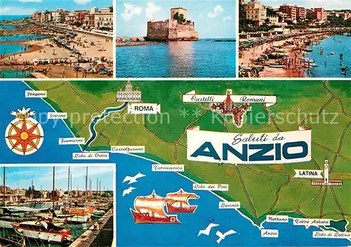 AK / Ansichtskarte Anzio Strand Hafen Schloss Landkarte Kueste Anzio