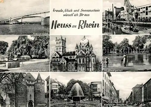 AK / Ansichtskarte Neuss Rheinbruecke Eierdieb Skulptur Stadtgarten Obertor Drususplatz Brunnen Muenster Hafen Krefelder Strasse Neuss