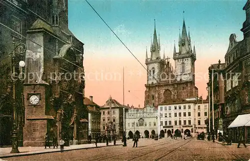 AK / Ansichtskarte Prag_Prahy_Prague Altstaedter Ring mit Astronomischer Uhr und Teinkirche Prag_Prahy_Prague