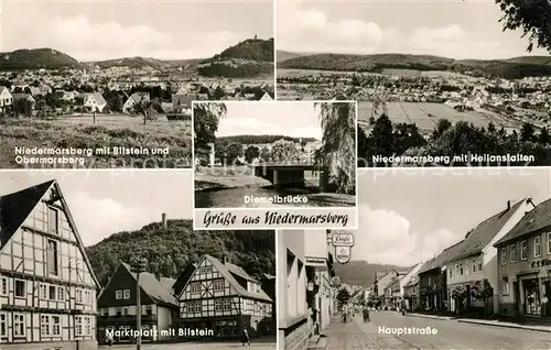 AK / Ansichtskarte Niedermarsberg mit Bilstein Obermarsberg Niedermarsberg Heilanstalten Diemelbruecke Marktplatz Hauptstrasse Niedermarsberg