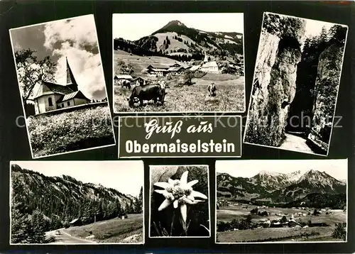 AK / Ansichtskarte Obermaiselstein Gesamtansicht mit Alpenpanorama Kirche Kuehe Schlucht Felsen Edelweiss Obermaiselstein