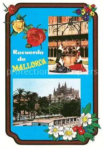 AK / Ansichtskarte Palma_de_Mallorca Brunnen Trachten Kathedrale Blumen Palma_de_Mallorca