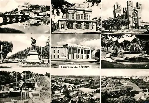 AK / Ansichtskarte Beziers Cathedrale Saint Nazaire Theatre Statue Paul Riquet Sous Prefecture Plateau des Poetes Lac des Cygnes Neuf Ecluses Ponts Place de la Citadelle Beziers