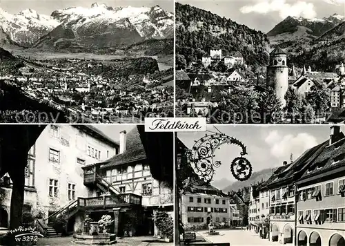 AK / Ansichtskarte Feldkirch_Vorarlberg Gesamtansicht mit Alpenpanorama Turm Schloss Marktplatz Tuerschild Feldkirch Vorarlberg