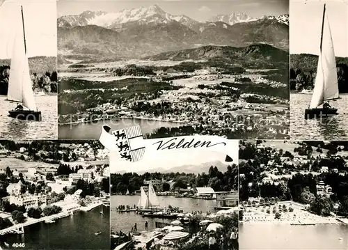 AK / Ansichtskarte Velden_Woerthersee Gesamtansicht mit Alpenpanorama Segeln Uferpartie am See Fliegeraufnahmen Velden Woerthersee