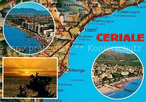 AK / Ansichtskarte Ceriale_Liguria Landkarte Kueste Sonnenuntergang am Meer Fliegeraufnahmen Ceriale_Liguria