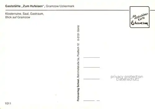 AK / Ansichtskarte Gramzow_Uckermark Klosterruine Gaststaette Zum Hufeisen Saal Gastraum Blick auf den Ort Gramzow Uckermark