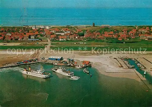 AK / Ansichtskarte Juist_Nordseebad Hafen mit Faehren Frisia II und Frisia VI Fliegeraufnahme Juist_Nordseebad