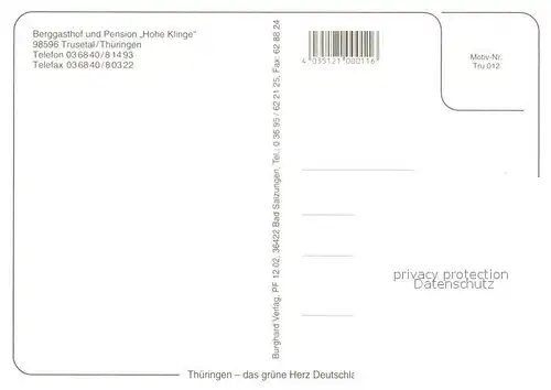 AK / Ansichtskarte Trusetal Berggasthof Pension Hohe Klinge Gaststube Landschaftspanorama Stollen Trusetal