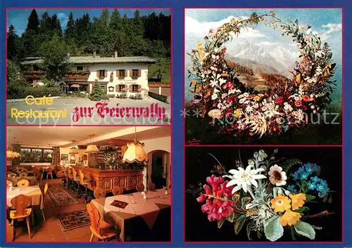 AK / Ansichtskarte Elbigenalp Cafe Restaurant Zur Geierwally Blumenkranz Blumenstrauss Elbigenalp