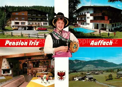 AK / Ansichtskarte Auffach Pension Iris Gastraum Swimming Pool Trachten Landschaftspanorama Auffach