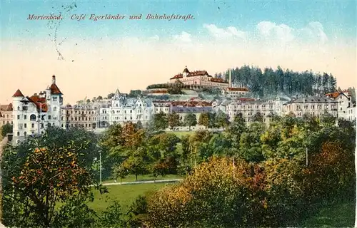 AK / Ansichtskarte Marienbad_Tschechien_Boehmen Cafe Egerlaender und Bahnhofstrasse Marienbad_Tschechien