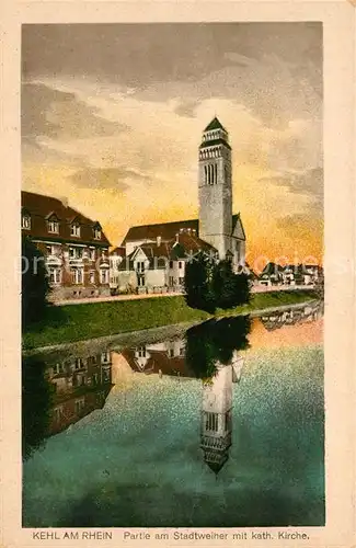 AK / Ansichtskarte Kehl_Rhein Stadtweiher mit Kath. Kirche Kehl_Rhein