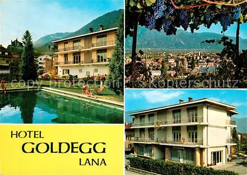 AK / Ansichtskarte Lana_Meran Hotel garni Goldegg Swimming Pool Stadtpanorama Weintrauben Lana_Meran