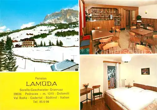AK / Ansichtskarte Pedraces Pension Lamueda Gastraum Fremdenzimmer Winterpanorama Dolomiten Pedraces