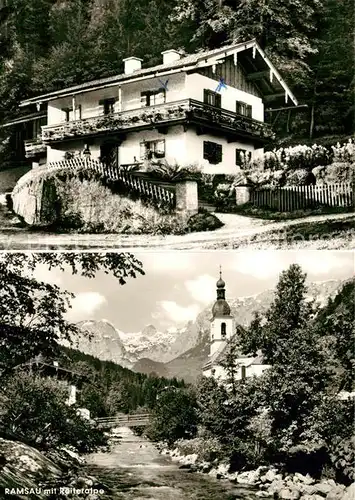 AK / Ansichtskarte Ramsau_Berchtesgaden Gaestehaus Pension Haus Waldrausch Partie am Fluss Kirche Blick zur Reiteralpe Ramsau Berchtesgaden