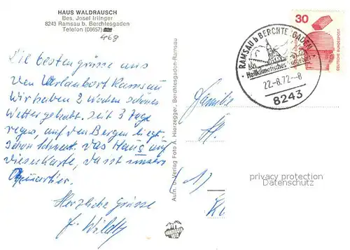 AK / Ansichtskarte Ramsau_Berchtesgaden Gaestehaus Pension Haus Waldrausch Partie am Fluss Kirche Blick zur Reiteralpe Ramsau Berchtesgaden