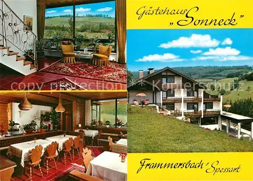 AK / Ansichtskarte Frammersbach Landhaus Sonneck Gastraum Treppenaufgang Landschaftspanorama Spessart Frammersbach
