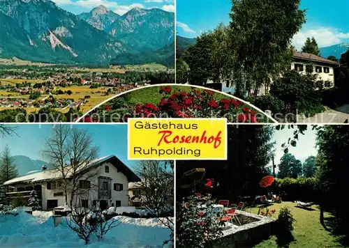 AK / Ansichtskarte Ruhpolding Gaestehaus Rosenhof Garten Blumenbeet Winterlandschaft Alpenpanorama Ruhpolding