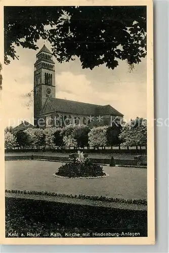 AK / Ansichtskarte Kehl_Rhein Kirche mit Hindenburg Anlagen Kehl_Rhein