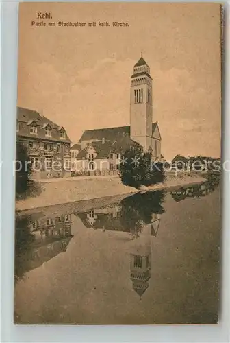 AK / Ansichtskarte Kehl_Rhein Stadtweiher mit Kath. Kirche Kehl_Rhein