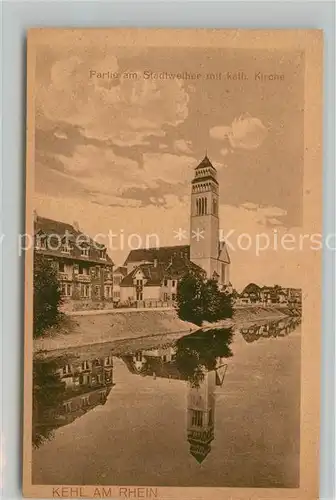 AK / Ansichtskarte Kehl_Rhein Stadtweiher mit Kath. Kirche Kehl_Rhein