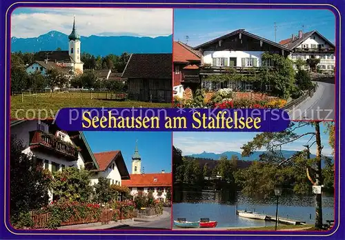 AK / Ansichtskarte Seehausen_Staffelsee Kirche Ortsansichten Bootsanlegestelle Seehausen_Staffelsee