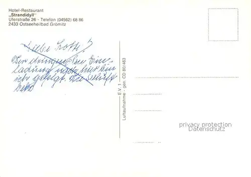 AK / Ansichtskarte Groemitz_Ostseebad Fliegeraufnahme Hotel Restaurant Strandidyll Groemitz_Ostseebad