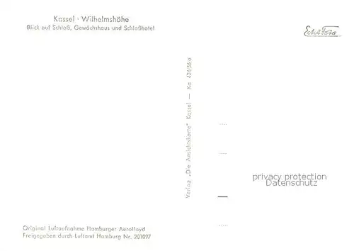 AK / Ansichtskarte Wilhelmshoehe_Kassel Fliegeraufnahme Schloss Gewaechshaus Schlosshotel Wilhelmshoehe Kassel
