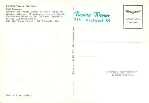 AK / Ansichtskarte Weidenthal_Pfalz Forellenhaus Isenach Cafe Restaurant Waldsee Pfaelzer Wald Fliegeraufnahme Weidenthal Pfalz