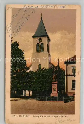 AK / Ansichtskarte Kehl_Rhein Kirche mit Kriegerdenkmal Kehl_Rhein