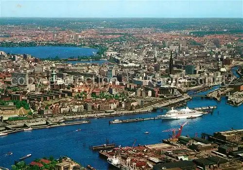 AK / Ansichtskarte Hamburg Fliegeraufnahme mit Hafen und Stadt Hamburg