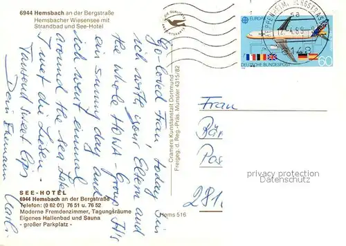 AK / Ansichtskarte Hemsbach_Bergstrasse Hemsbacher Wiesensee mit Strandbad und Seehotel Fliegeraufnahme Hemsbach_Bergstrasse