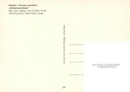 AK / Ansichtskarte Wart_Altensteig Gasthof Pension Auerhahn Schwarzwaldstube Wart_Altensteig