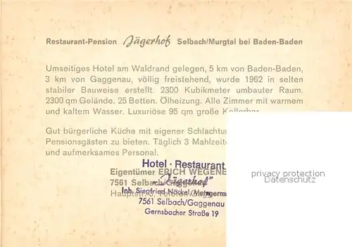 AK / Ansichtskarte Selbach_Gaggenau Restaurant Pension Jaegerhof im Murgtal Selbach Gaggenau