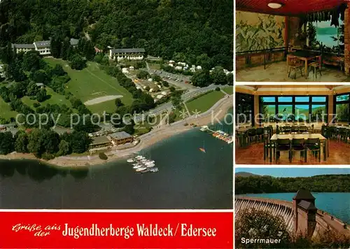 AK / Ansichtskarte Waldeck_Edersee Jugendherberge Fliegeraufnahme Sperrmauer Stausee Waldeck Edersee