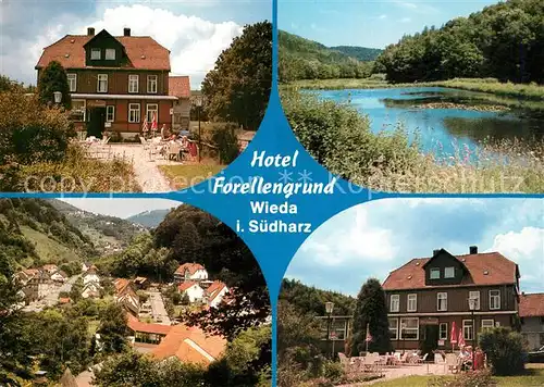 AK / Ansichtskarte Wieda Hotel Forellengrund Restaurant Terrasse Ortsansicht Teich Natur Wieda