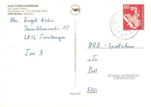 AK / Ansichtskarte Wieda Hotel Forellengrund Restaurant Terrasse Ortsansicht Teich Natur Wieda