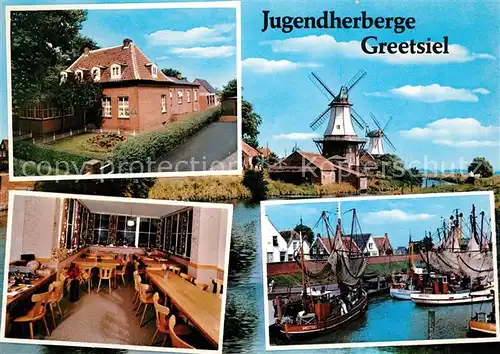 AK / Ansichtskarte Krummhoern Jugendherberge Greetsiel Windmuehle Fischereihafen Fischkutter Krummhoern