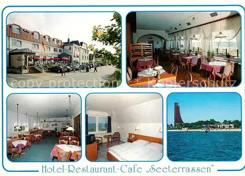 AK / Ansichtskarte Laboe Hotel Restaurant Cafe Seeterrassen Ansicht vom Meer aus Marine Ehrenmal Laboe