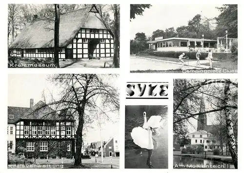 AK / Ansichtskarte Syke Museum Campingplatz Kreisverwaltung Muehlenteich Kirche Schwaene Syke